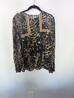 Leopard-Print Long Sleeve Blouse with Embroidered Yoke - Olive/Black